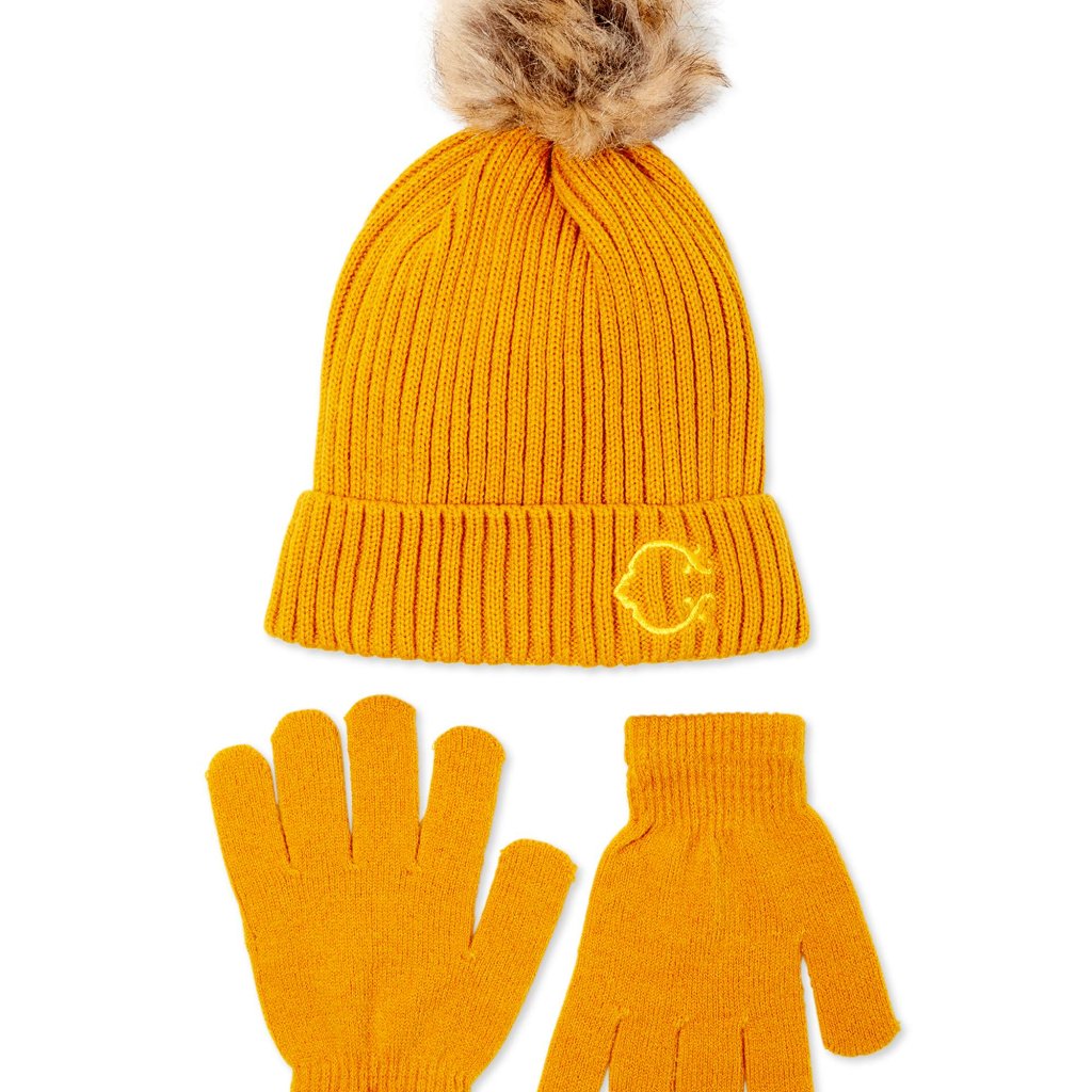 New Cuffed Beanie With Faux Fur Pom And Glove Set